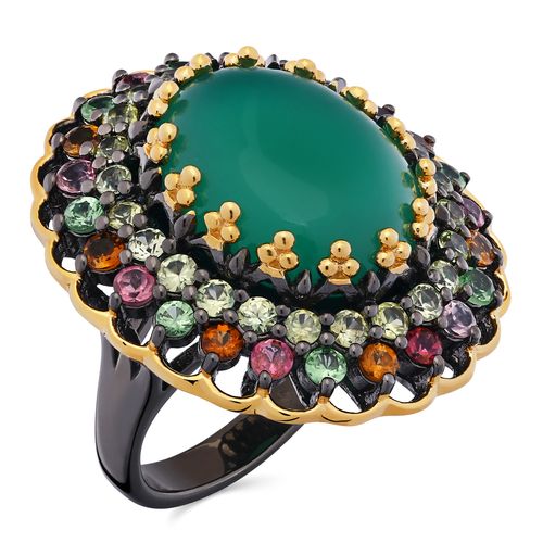 Anel em Prata Luxo Com Calcedônia Granadas Verdes,Safiras Verdes,Turmalinas Coloridas 195508