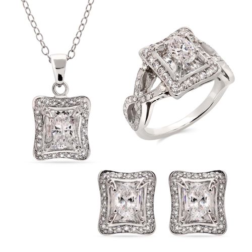 Anel, Brinco e Pingente de Prata com Zircônias Aprox. 8 cts 183533