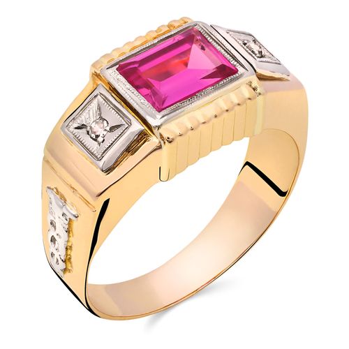 Anel em Ouro Rosé de Formatura Pedra Rosa Sintética e Diamantes 196668 Anel em Ouro Rosé de Formatura Pedra Rosa Sintética e Diamantes 196668