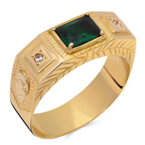 Anel em Ouro Amarelo de Formatura Obsidiana Esmeralda e Zircônias 196696