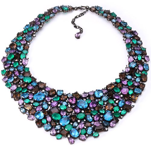 Colar  em Prata Luxo com Ametistas, London Blue, Tanzanitas, Zircônias, Quartzos Fumê e Calcedônias 192114