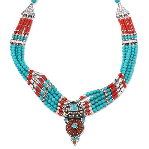 Colar 5 Voltas Turquesa e Coral 173377 Colar 5 Voltas Turquesa e Coral 173377