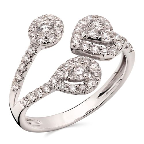 Anel de Ouro Branco Aro Desencontrado Coração, Gota e Circulo com Diamantes 191514