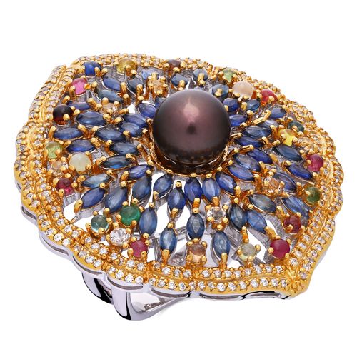 Anel Com Pérola, Safiras Azuis,Zircônias,Turmalinas Coloridas e Topázios Brancos Prata 195504