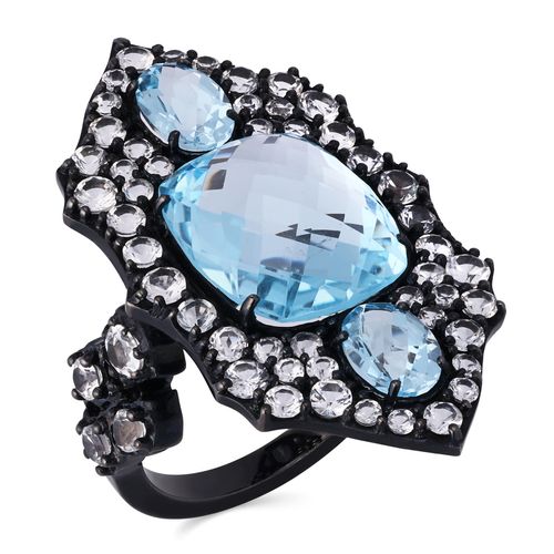 Anel Prata Luxo Setara com Topázio Azul e Topázios Brancos 130991