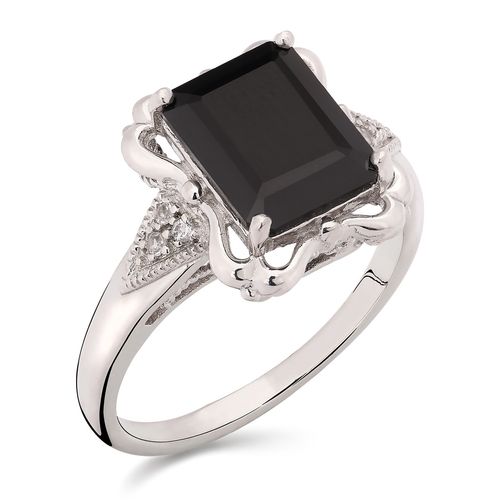 Anel em Prata 925Com Black Spinel Retangular e Topázios Brancos 165479