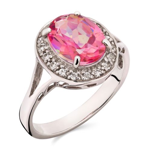 Anel em Prata Topázio Rosa Oval e Topázios Brancos 160315