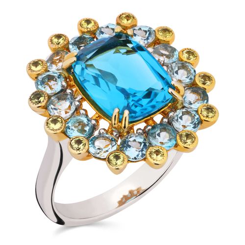 Anel em Prata Luxo com Topázio Azul com 14 Safiras Amarelas e 14 Zircônias 185387