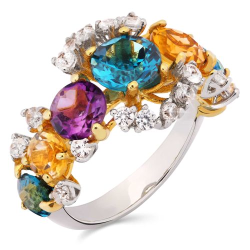 Anel em Prata Luxo com Topázios Azuis,Ametistas,Citrinos e Zircônias 185502
