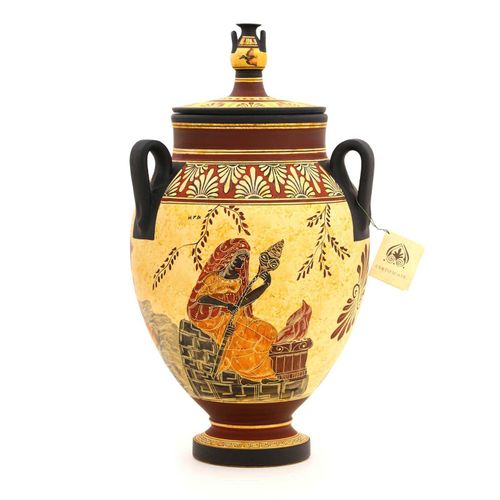 Ânfora Grega com 3 Alças e Tampa com Mini Ânfora em Cerâmica 35 cm 143359