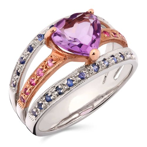 Anel em Prata Coração com Ametistas, Safiras Azuis e Safiras Rosas 185477