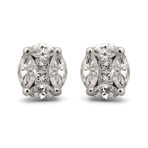 Par de Brinco de Ouro Branco 18k com 4 Diamantes Princess e 8 Diamantes Brancos 191493 Par de Brinco de Ouro Branco 18k com 4 Diamantes Princess e 8 Diamantes Brancos 191493