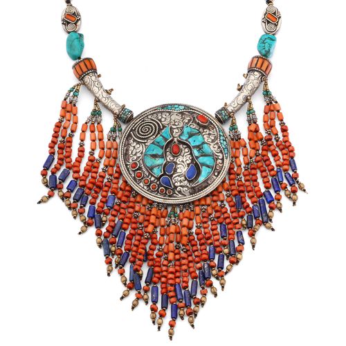 Colar Linha Nepal com Pingente Redondo com Coral, Turquesa e Lapis Lazulle 154270