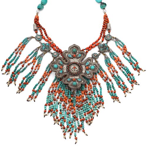 Colar Linha Nepal Com Coral E Turquesa 152971