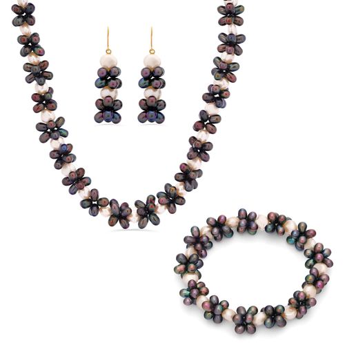 Conjunto em Ouro 18k com Pérolas Bivas Brancas e Furta-Cor 101238