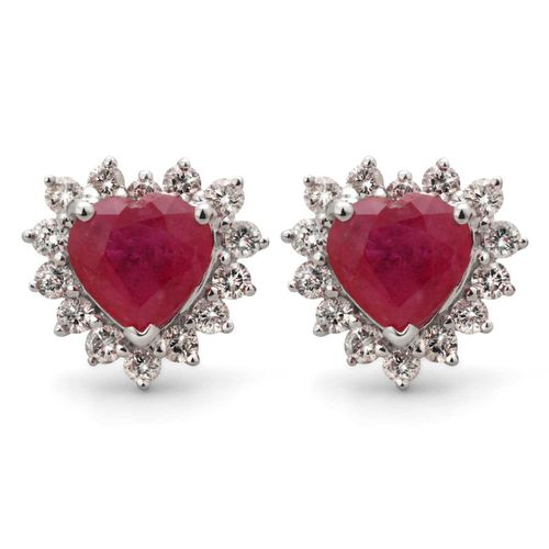 Par de Brinco em Ouro Branco 18k Coração com Rubis e Diamantes 191492