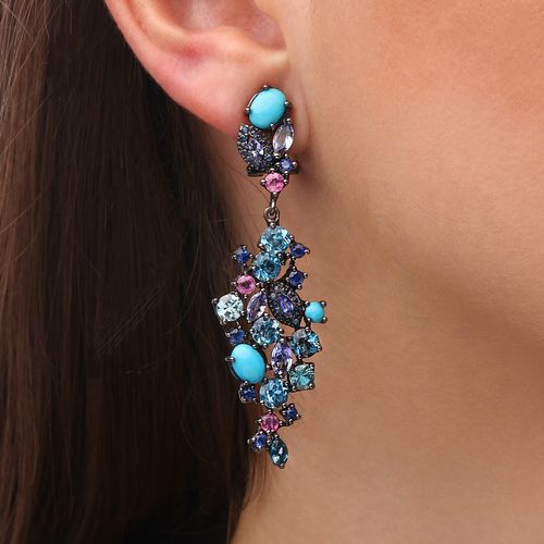 Par de Brinco em Prata Luxo Saf. Coloridas, Top. Azuis, London Blue, Tanzanitas, Zircônia e Turquesas 188591