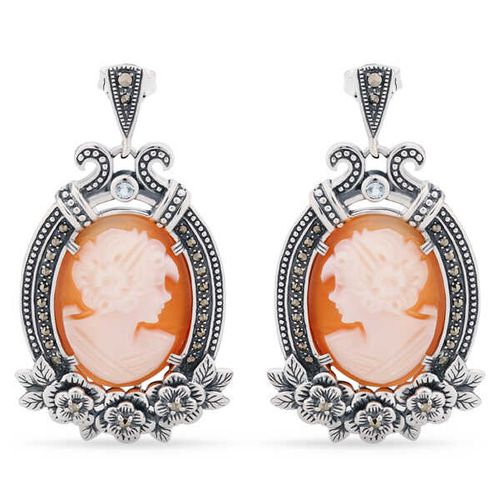 Par de Brinco em Prata Camafeu Madre Pérolas e Topázios Azuis 142850