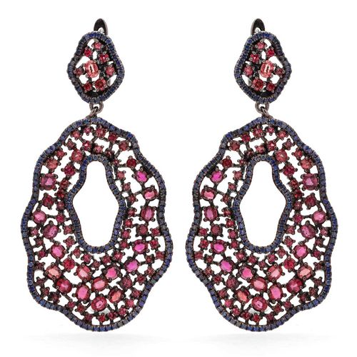 Par de Brinco em Prata Luxo com Rubis e Safiras Azuis Aprox.7,37 cts 174033