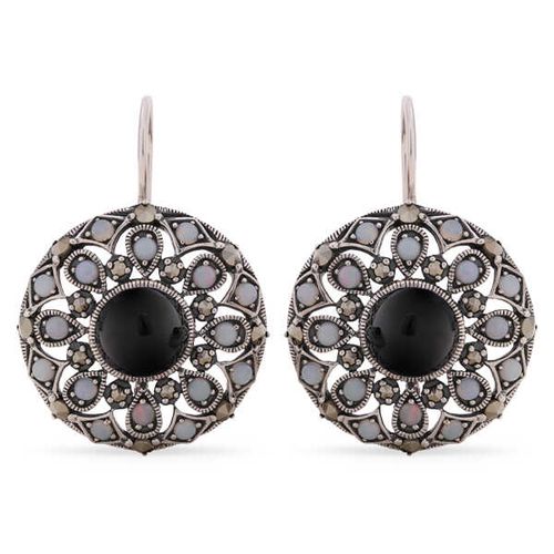 Par de Brinco em Prata 925 Redondo com Ônix, Opalas e Marcassitas 142799