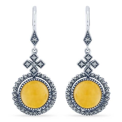 Par de Brinco em Prata 925 Redondo com Ágata Amarela e Marcassitas 142773