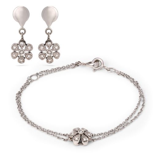 Par De Brincos E Pulseira em Ouro Branco 18k Com Diamantes 186179