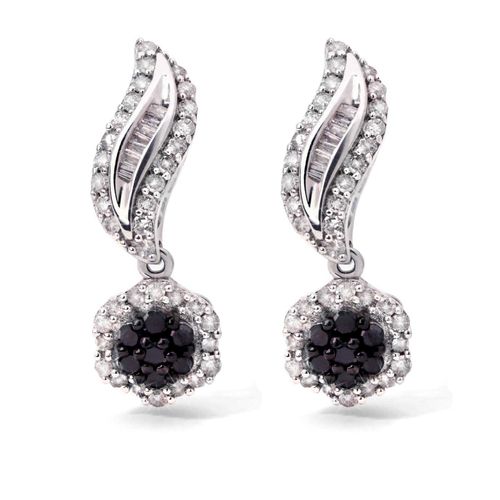 Par de Brinco em Prata Flor com Diamantes Negros e Brancos Aprox. 1 ct 141922