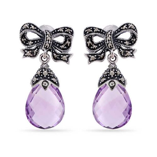 Par de Brinco Lacinho em Prata com Ametistas Gota Briolet e Marcassitas 142728