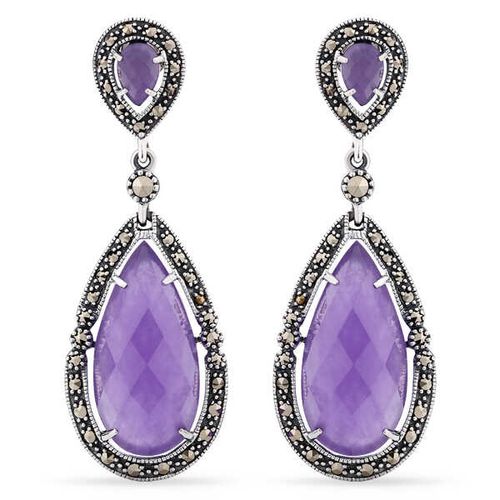 Par de Brinco em Prata Gota com Jade Lilás e Marcassitas 142778