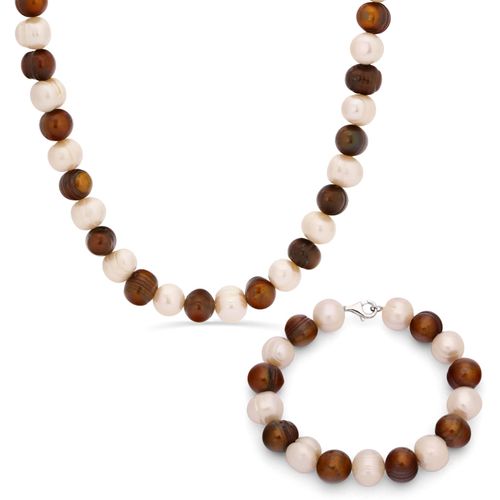Colar e Pulseira em Prata 925 com Pérolas Brancas e Chocolate 143662