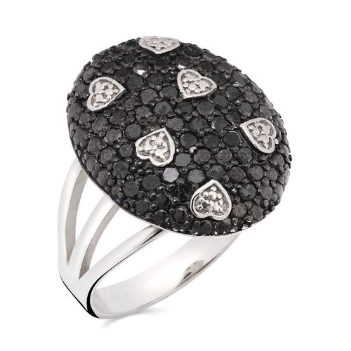Anel em Prata Oval de Corações com Diamantes Negros e Brancos Aprox. 1 ct 151011