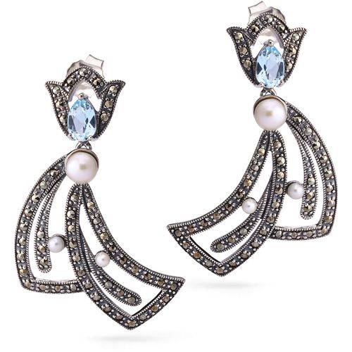 Par de Brinco em Prata 925 com Topázios Azuis, Pérolas e Marcassitas 171225