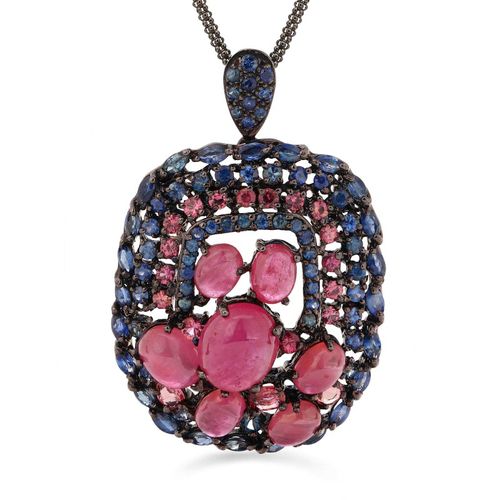 Pingente Linha Premium em Prata 925 com Rubis Safiras Azuis e  Safiras Rosas 177778