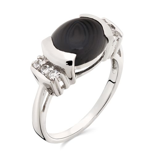 Anel em Prata 925 com Psilomelane Cabuchon e Topazios Brancos 161544 Anel em Prata 925 com Psilomelane Cabuchon e Topazios Brancos 161544