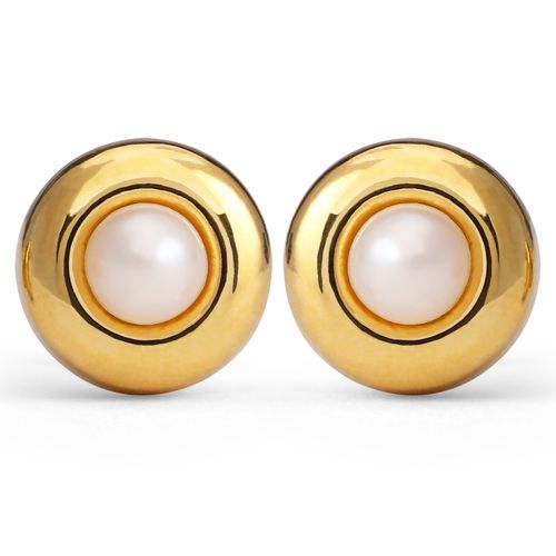 Par de Brinco Ouro Amarelo Pérola com Moldura Infantil 199436