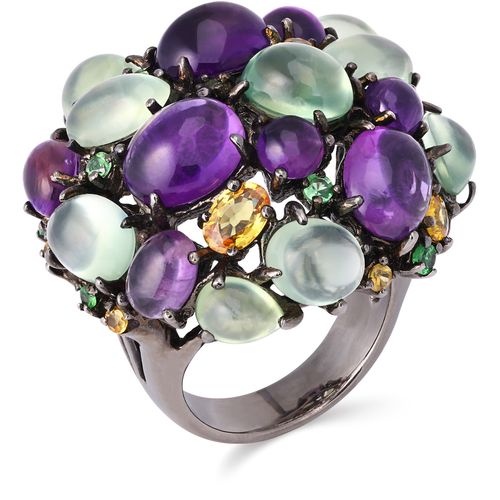 Anel Linha Premium em Prata 925 com Ametistas, Prenitas, Granadas Verdes e Safiras 175586