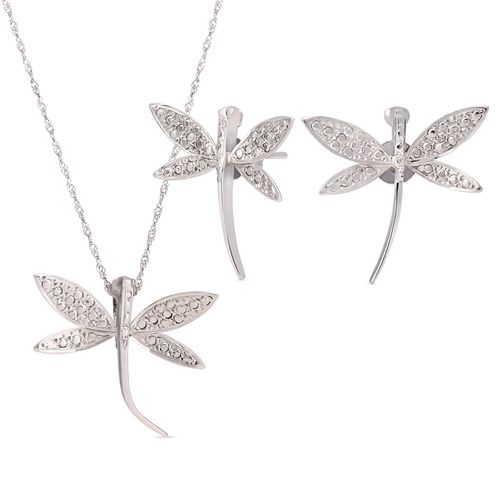 Par de Brinco e Pingente Libelula em Ouro Branco 18k Com Efeito Diamantado 176422