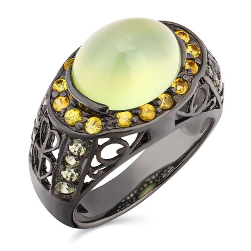 Anel Linha Premium em Prata 925 com Prenita, Granadas Verdes e Safiras Amarelas 181145