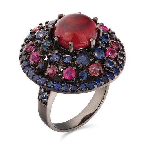 Anel Linha Premium em Prata 925 com Rubis e Safiras Azuis 181202