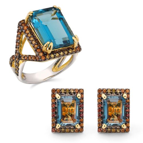 Anel e Par de Brinco Linha Premium em Prata 925 com Topázio Azul e Safira Laranja 184069