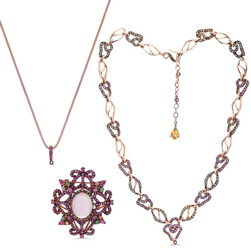 Colar Linha Premium em Prata 925 com Quartzo Rosa,Ametista,Granadas Verdes e Safiras 181682