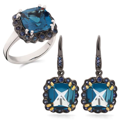 Anel e Brinco Linha Premium em Prata 925 com London Blue 184129