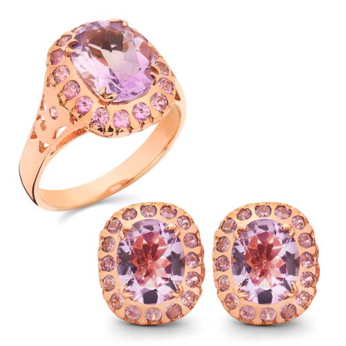 Anel e Brinco Linha Premium em Prata 925 com Ametistas e Safiras Rosas 184247