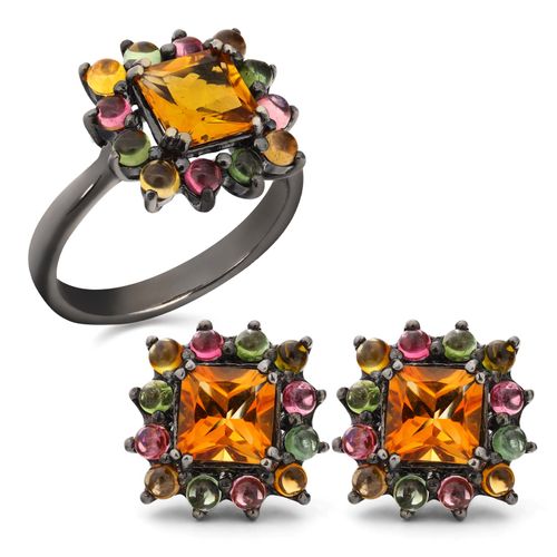 Anel e Par de Brinco Linha Premium em Prata 925 com Citrinos e Turmalinas 188359