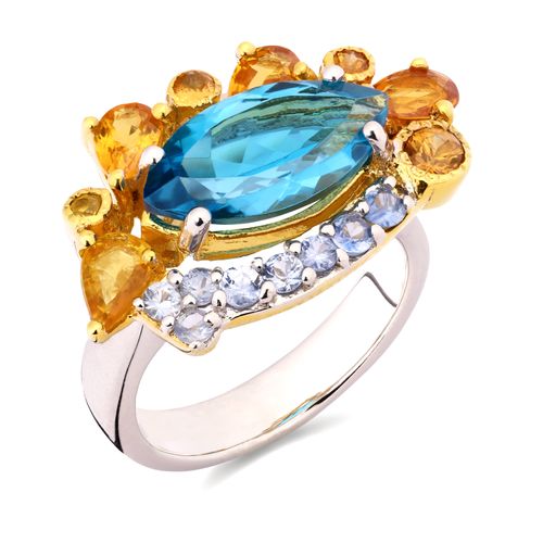 Anel Linha Premium em Prata 925 com Topázio Azul, Safiras Laranjas e Tanzanitas 189527