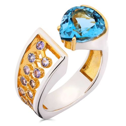 Anel Linha Premium em Prata 925 Aro Desencontrado com Topazio e Tanzanitas 189726