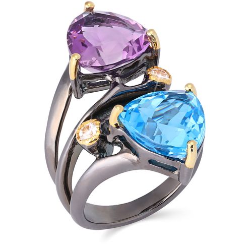 Anel Linha Premium em Prata 9625 com Ametistas e Topazio Azul 194866