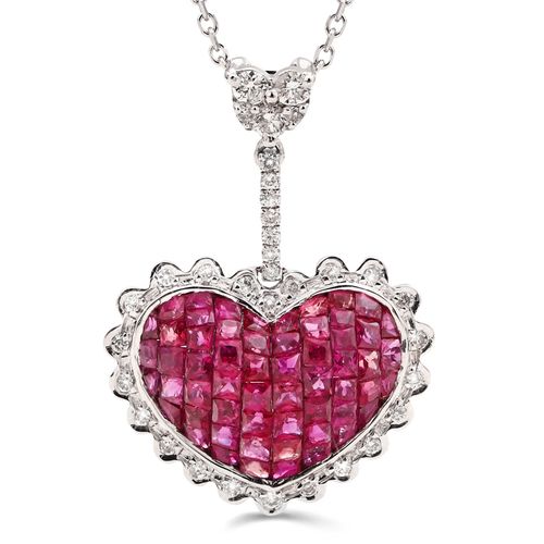 Pingente em Ouro Branco 18k Coração com Rubis e  Diamantes 191462