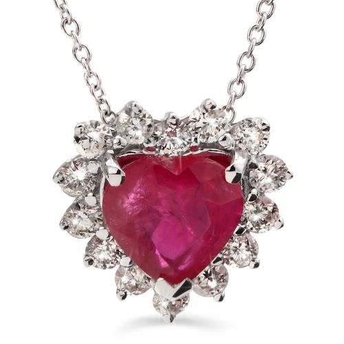 Pingente em Ouro Branco 18k Coração com Rubi e Diamantes 191458