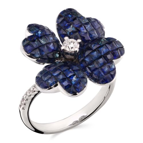 Anel em Ouro Branco 18k Flor com Safiras Azuis e Diamantes 191472